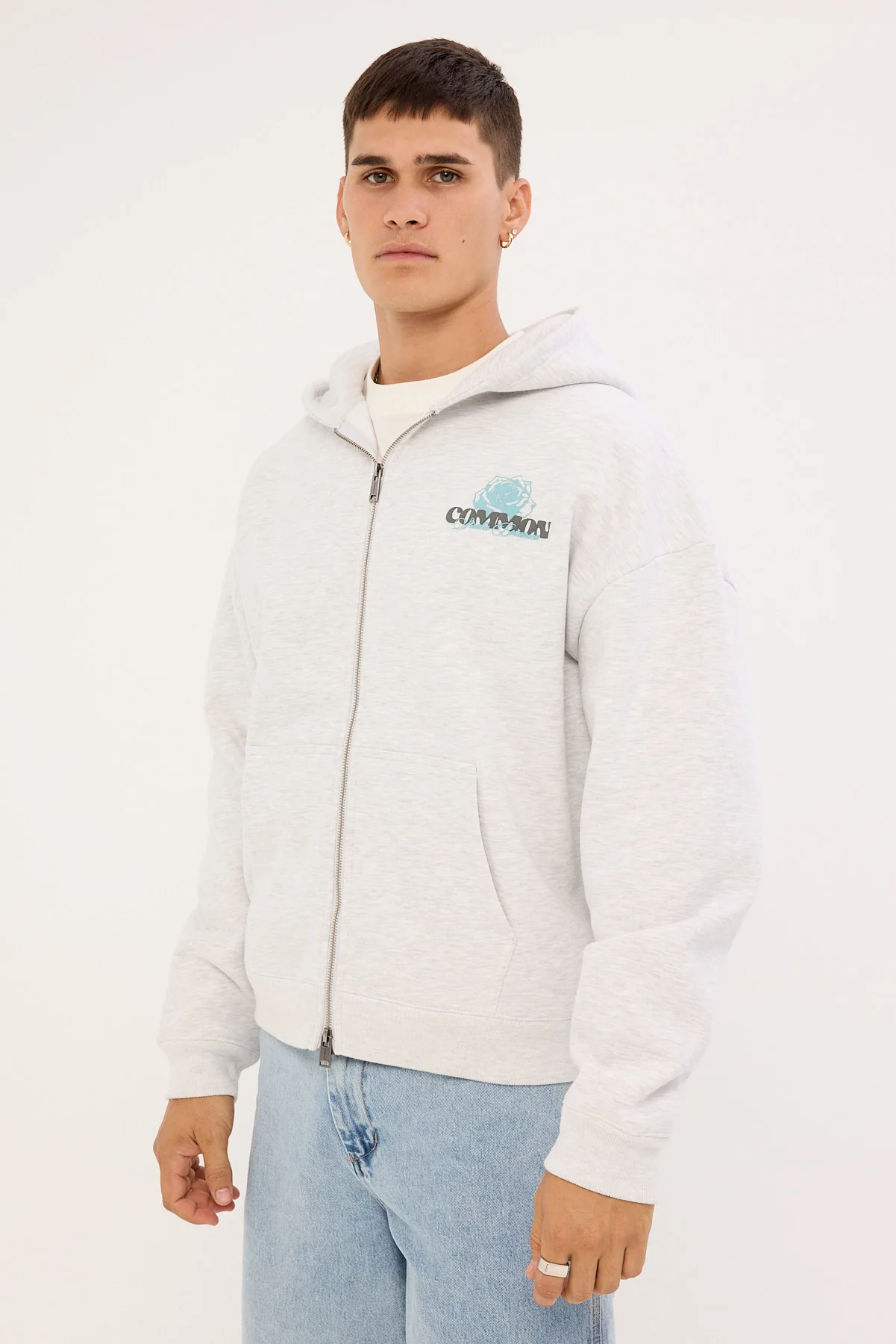 Common Need Bloomscape Zip Through Cropped Hoodie Snow Marle - Image 4