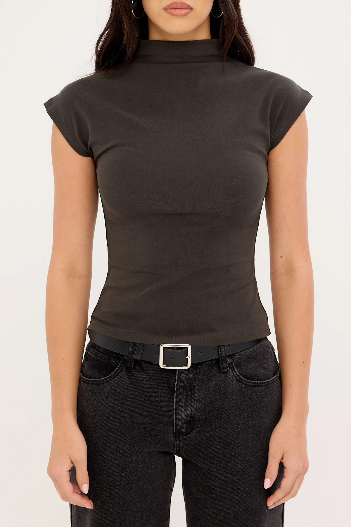 Luck & Trouble Mock Neck Fitted Tee Charcoal - Image 6