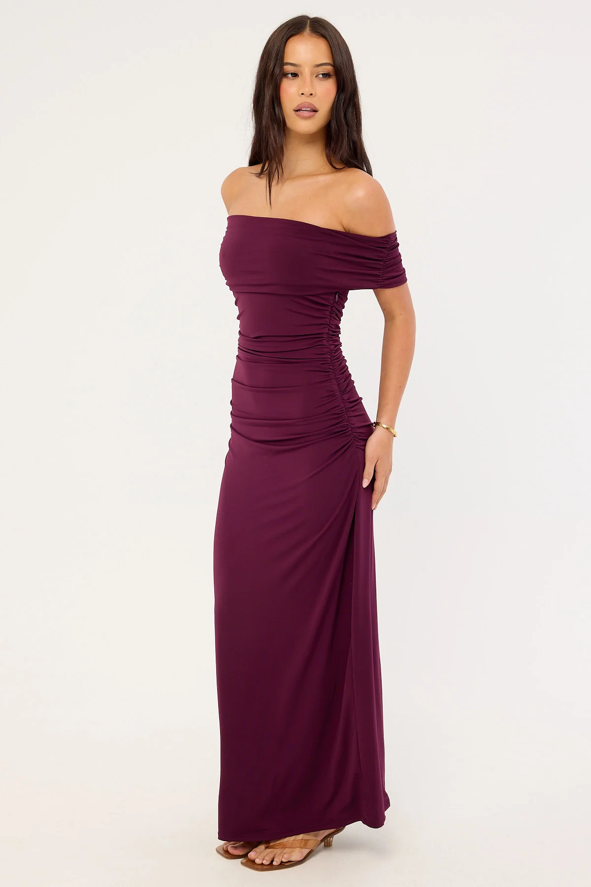 Perfect Stranger Rosetta Off Shoulder Maxi Dress Plum - Image 3